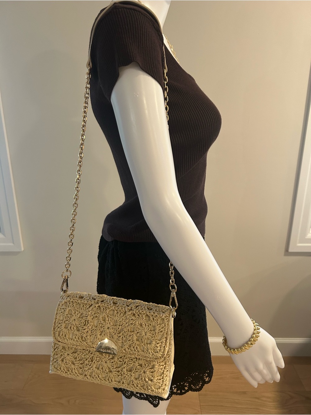 Ivory Shoulder Bag with Crochet & Gold Chain